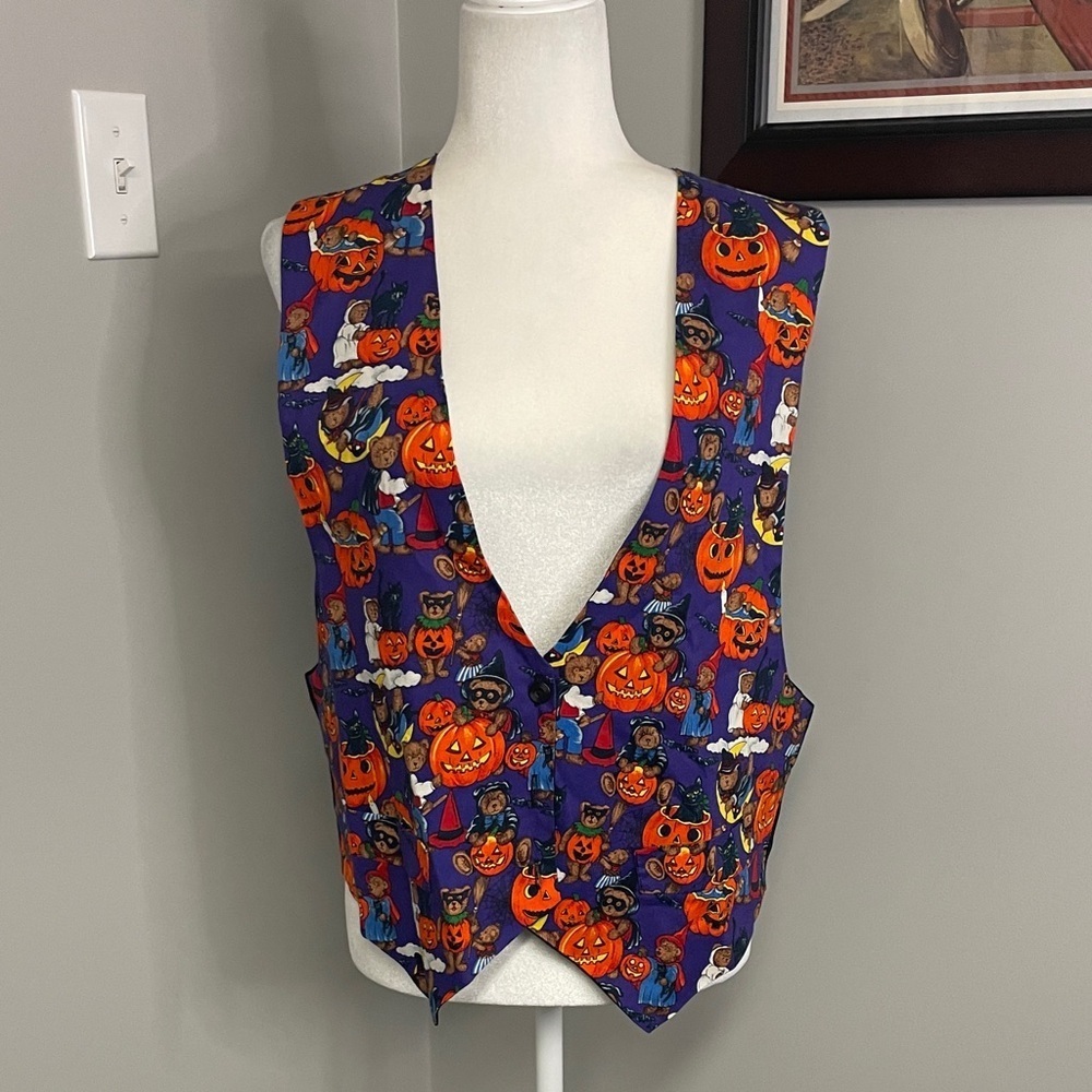 Vintage JLN USA Halloween Vest Purple Teddy Bear Pumpkin Black Cat Print Small